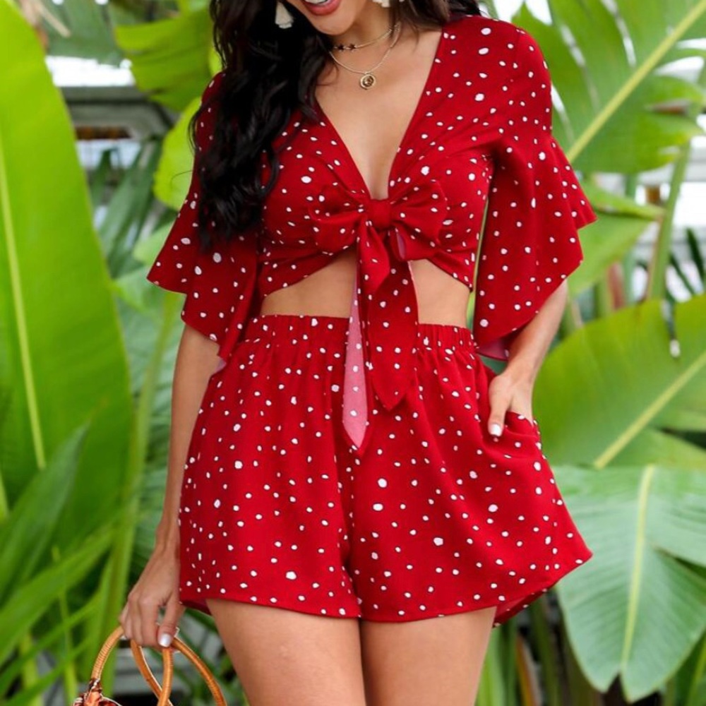 Polka Dot Self-Tie Crop Top & Shorts Set